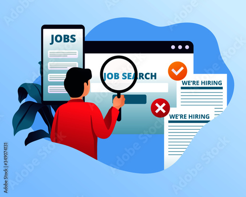 Job search illustration. Character using laptop and mobile phone searching for jobs. Recruitment hiring technology, human resources. Flat design and vector illustration concept.