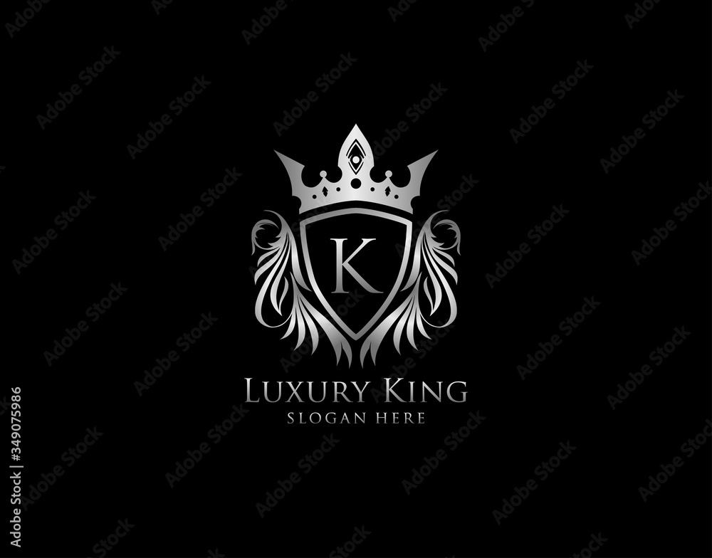 K Letter Luxury Royal King Crest, Silver Shield Logo template K Letter Luxury Royal King Crest, Silver Shield Logo template