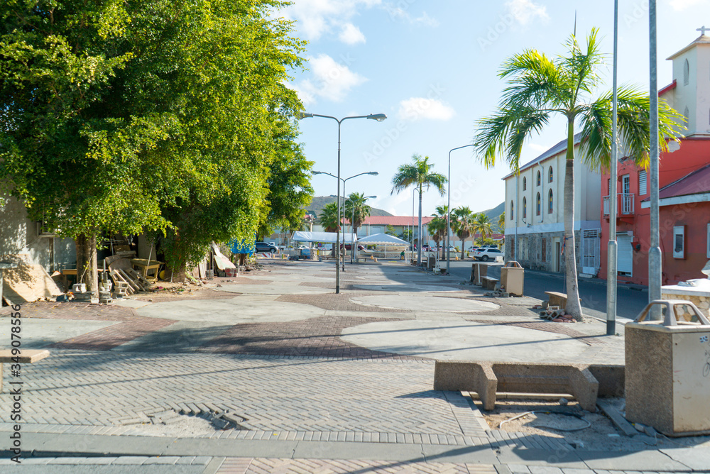 Empty market place in Philipsburg on the island of St.maarten, due to corona virus which has force the island to shut down.