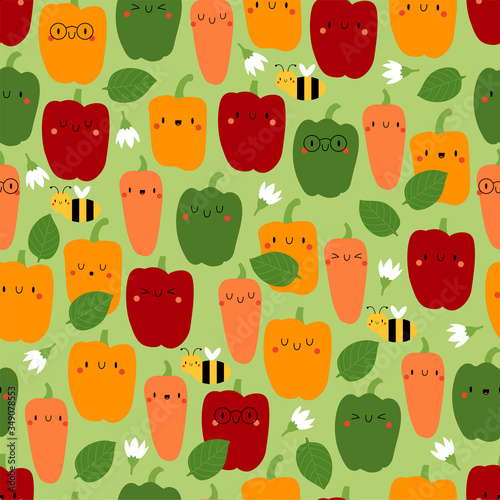 Kawaii Cartoon Pepper. Colored Pattern