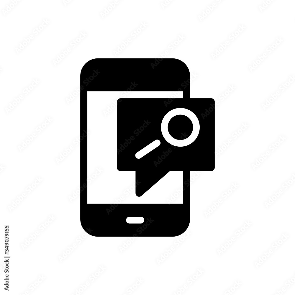 Smartphone or phone receiving message icon with research sign, vector icon on white background, explore, find, inspect symbol Smartphone or phone receiving message icon with research sign, vector icon on white background, explore, find, inspect symbol