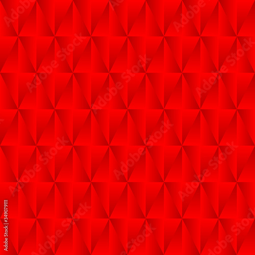 Graphic stylish pattern with iridescent triangles and red squares in zigzag rhombuses.