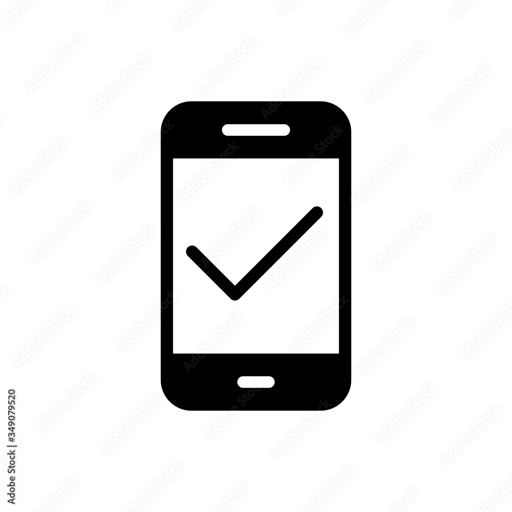 Smartphone icon vector icon on white background, Cellphone, handphone icon with check sign, Smartphone icon and approved, confirm, done, tick, completed symbol