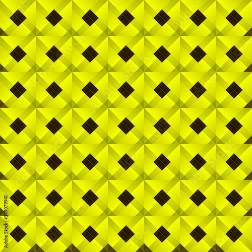Graphic stylish pattern with dark squares and yellow rhombuses in a checkerboard pattern.