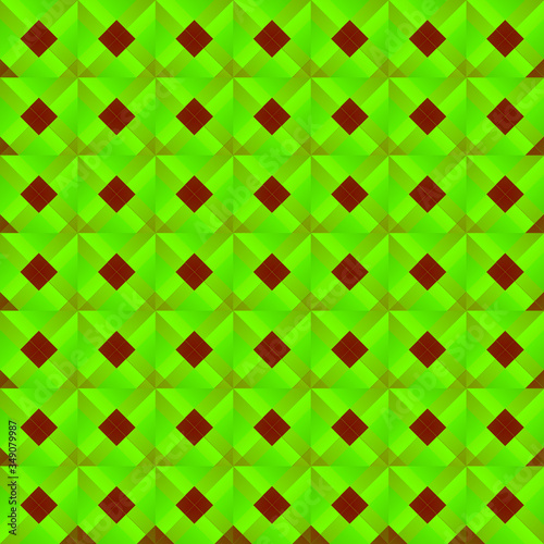 Graphic stylish pattern with dark squares and green rhombuses in a checkerboard pattern.