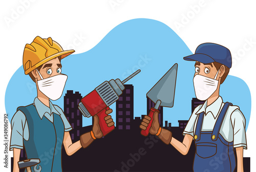 builders couple using face mask for covid19