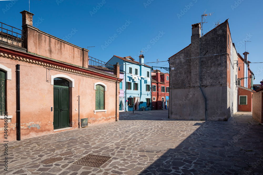 Panoramic view of houses of Burano town in Venice, Italy.