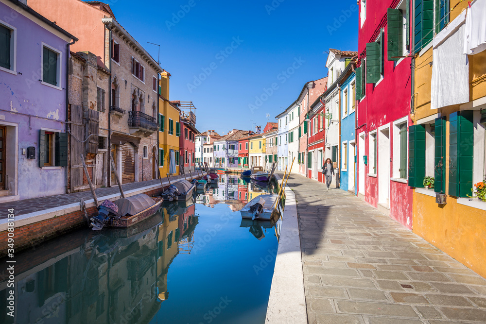 Fototapeta Panoramic view of Burano channel and colorful houses, in Venice, Italy.
