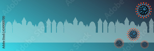 Coronavirus quarantine in city. Viral infection danger. City silhouette background. Coronavirus cells. COVID-19 spread throughout city. COVID19 outbreak concept. Horizontal blue banner. Copyspace
