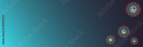 Blue horizontal banner with coronavirus cells. Viral bacteria fly everywhere. Coronavirus pandemic COVID-19. Infectious disease prevention. Health and medical design. Vector illustration. Copyspace 