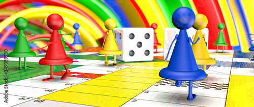 Close up view of red, blue, yellow and green board game chips walking on the board with two dice in the middle on a background of unfocused colored circles. 3D Illustration