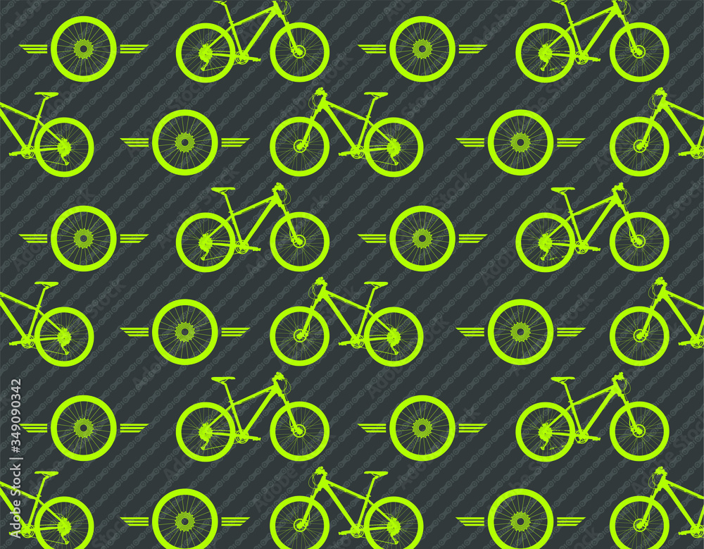 Mountain Bicycle and wheel vector set collage with Vibrant fluorescent green and gray colors and bike chain pattern at background Mountain Bicycle and wheel vector set collage with Vibrant fluorescent green and gray colors and bike chain pattern at background