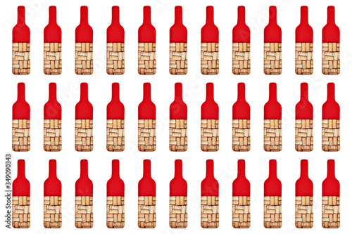 Pattern bottle of wine is filled with wine corks. Concept for wine bar, restaurant. Creative red wine. Copy space.