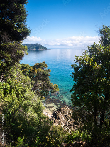 Exotic coastal scenery with azure ocean waters, shot in Abel Tasman National Park, New Zealand
