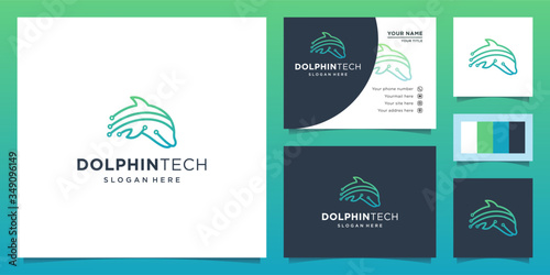 illustration of dolphin logo on the theme of technology. the dolphin technology logo. Design logos, icons and business cards. Premium vector.