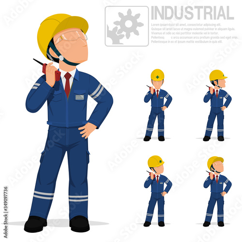 Set of worker is talking with the walkie-talkie.