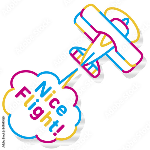 An airplane that flies while producing gas. The shape of the gas is speech balloon. The word "Nice Flight!" on the balloon.