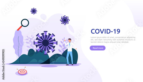 people fight covid-19 corona virus illustration concept. research concept for coronavirus 2019-nCoV vaccine. web landing page template, banner, presentation, social, poster, ad, or print media