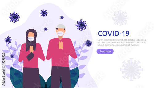 people uses masker fight pandemi covid-19 corona virus on ramadan illustration concept. web landing page template, banner, presentation, social, poster, ad, or print media