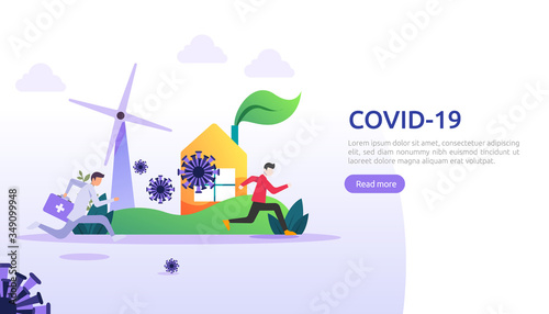 stay at home or social distance to fight covid-19 corona virus illustration concept. people run from coronavirus 2019-nCoV vaccine. web landing page template, presentation, social, poster, print media