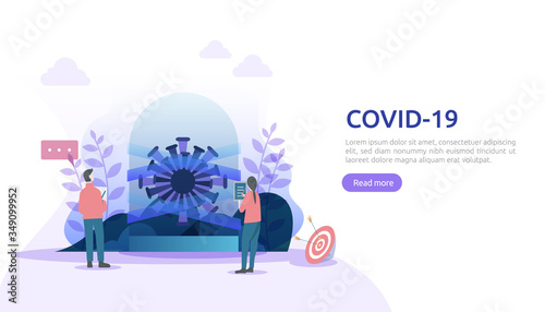people fight covid-19 corona virus illustration concept. research concept for coronavirus 2019-nCoV vaccine. web landing page template, banner, presentation, social, poster, ad, or print media