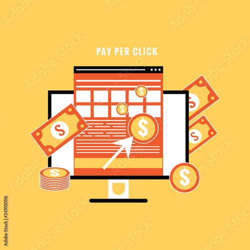 Flat concept for pay per click advertising, sponsored listing, paid search marketing vector 