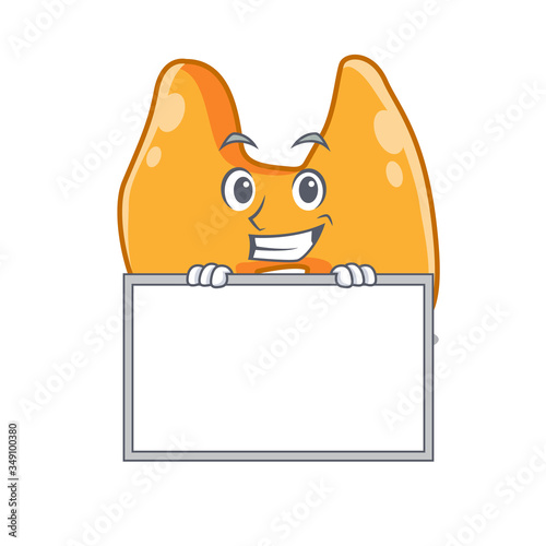 Thyroid cartoon design style standing behind a board