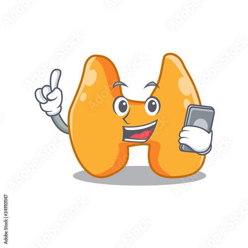 Thyroid caricature character speaking with friends on phone