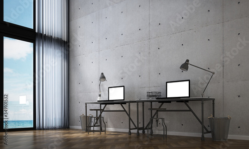 Fototapeta Naklejka Na Ścianę i Meble -  3D rendering of social distrancing work station and work from home interior space design and concrete wall background