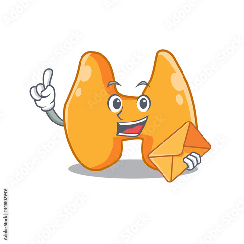 A picture of cheerful thyroid cartoon design with brown envelope