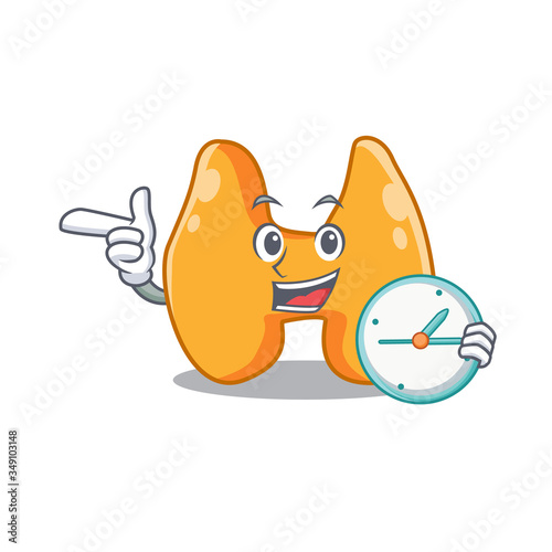 mascot design style of thyroid standing with holding a clock