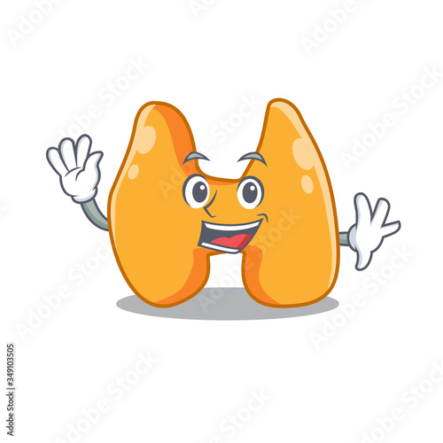 A charming thyroid mascot design style smiling and waving hand
