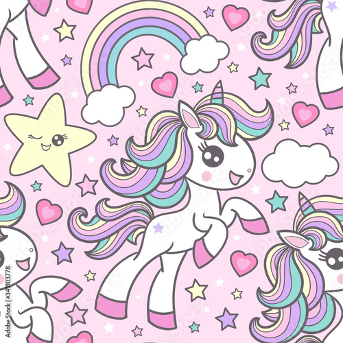 Seamless pattern with cute cute unicorns. Children's design. Vector