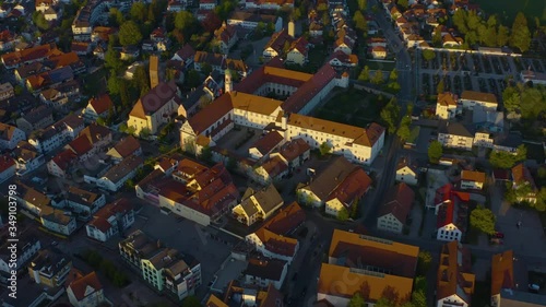 Aerial view of the city and monastery Bad Wörishofen in Germany, Bavaria on a sunny spring afternoon during the coronavirus lockdown. photo