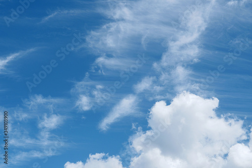 Beautiful wispy cirrus clouds in blue sky on freedom, energize and joyful sunny day