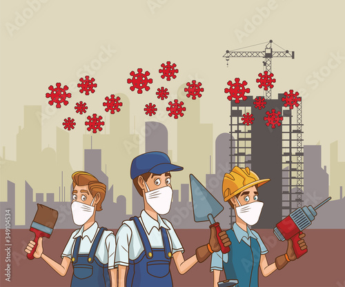 group of builders using face mask for covid19