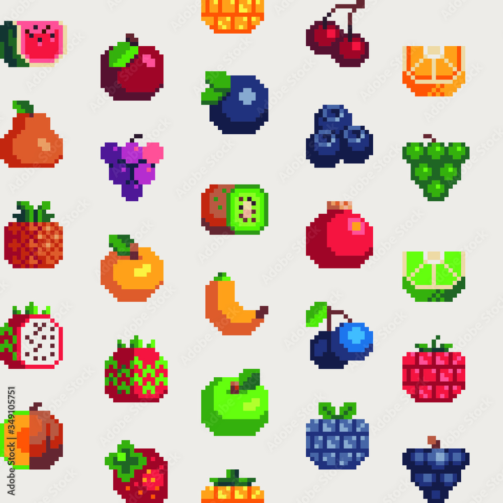 4 colors 16px seamless patterns fruits, fabric textures, pixel art style, isolated vector illustration. Game assets. Element design for knitting, logo, embroidery.
