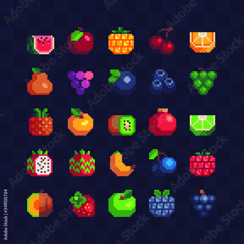 16px top-down fruits icons set, pixel art, watermelon, kiwi, grapes, raspberries, apple, lime, peach, pitahaya and banana. Design for logo, knitting, embroidery, sticker and app. Isolated vector.