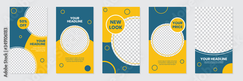 Slides Abstract Unique Editable Modern Social Media Navy Yellow Banner Template. Circle Element. Anyone can use This Design Easily. Promotional web banner for social media stories. Vector Illustration