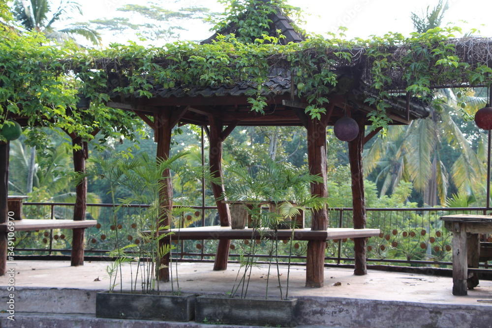 Gazebo on the edge of the slope overlooking the green jungle Gazebo on the edge of the slope overlooking the green jungle