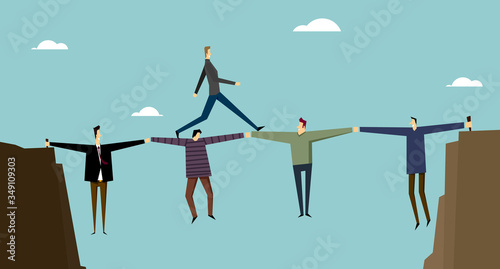 Man goes over bridge of people: Help and cooperation