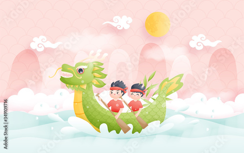 Chinese Dragon boat festival with boy paddle in river and rice dumplings  cute charactor design vector illustration.