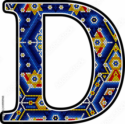 initial capital letter D with colorful dots. Abstract design inspired in mexican huichol craft art style. Isolated on white background