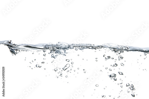 Clear water with bubbles on a pure white background.