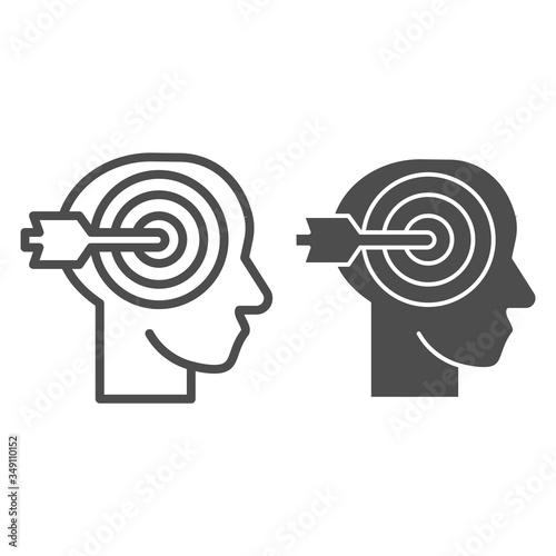 Head with target and arrow line and solid icon. Personal targeting with human mind symbol, outline style pictogram on white background. Creative thinking sign for mobile concept and web design.