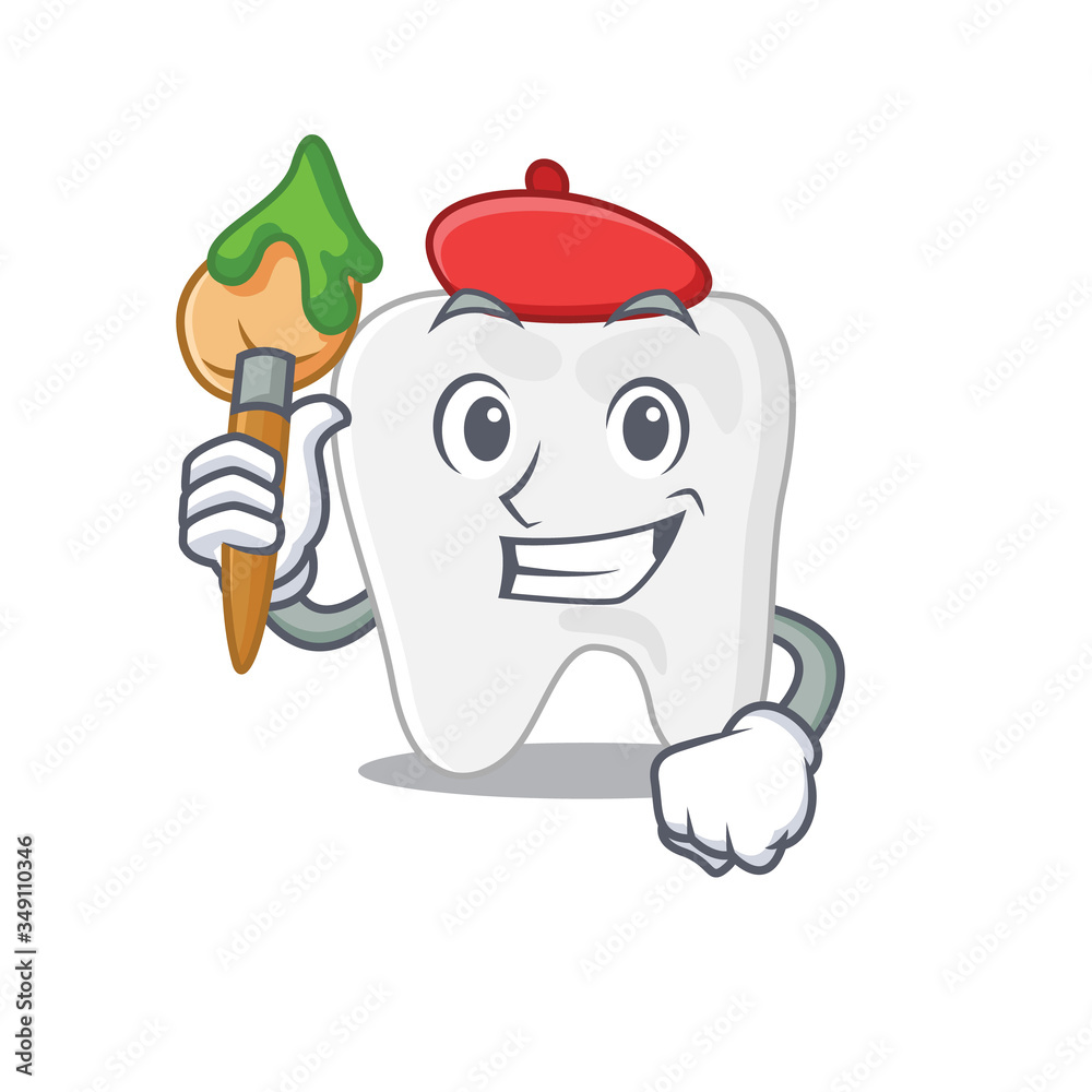 An artistic tooth artist mascot design paint using a brush