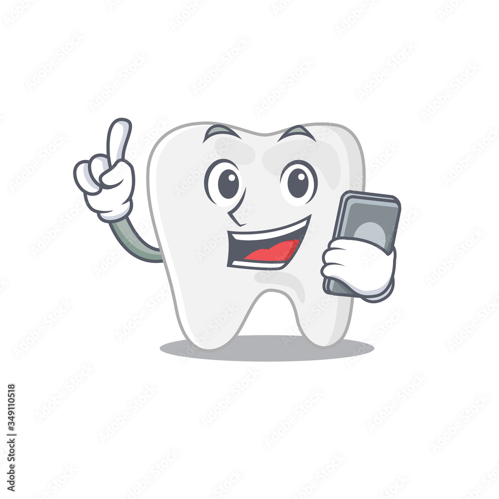 Tooth caricature character speaking with friends on phone