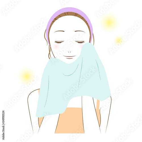 Illustration of a woman doing skin care (After washing the face, gently wipe the skin with a towel)