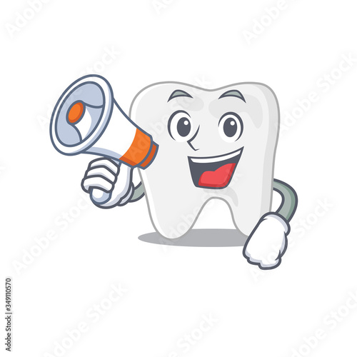 Mascot design of tooth announcing new products on a megaphone