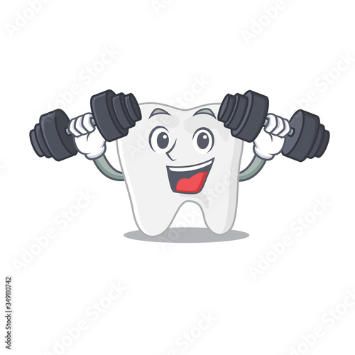 Tooth mascot design feels happy lift up barbells during exercise